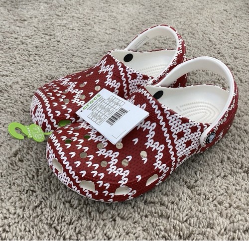 Crocs Classic Holiday Sweater Clogs Men’s 5, Women’s 7 Red & White Shoes 209237