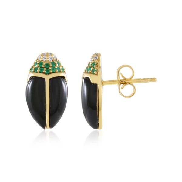 Cavill Schwarzer Onyx Ohrstecker 925 Silber Vergoldet Zirkon 3,82Ct- Ohrringe-image