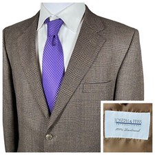 Joseph  Feiss Sport Coat 44R 100 Lambswool Brown Glen Plaid Two Button Blazer