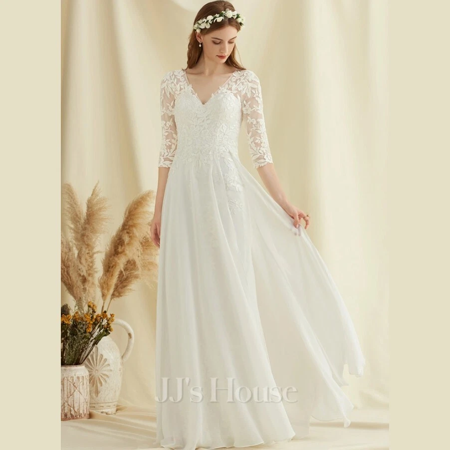 JJ s House A line V Neck Floor Length Chiffon Lace Wedding Dress White Size 14