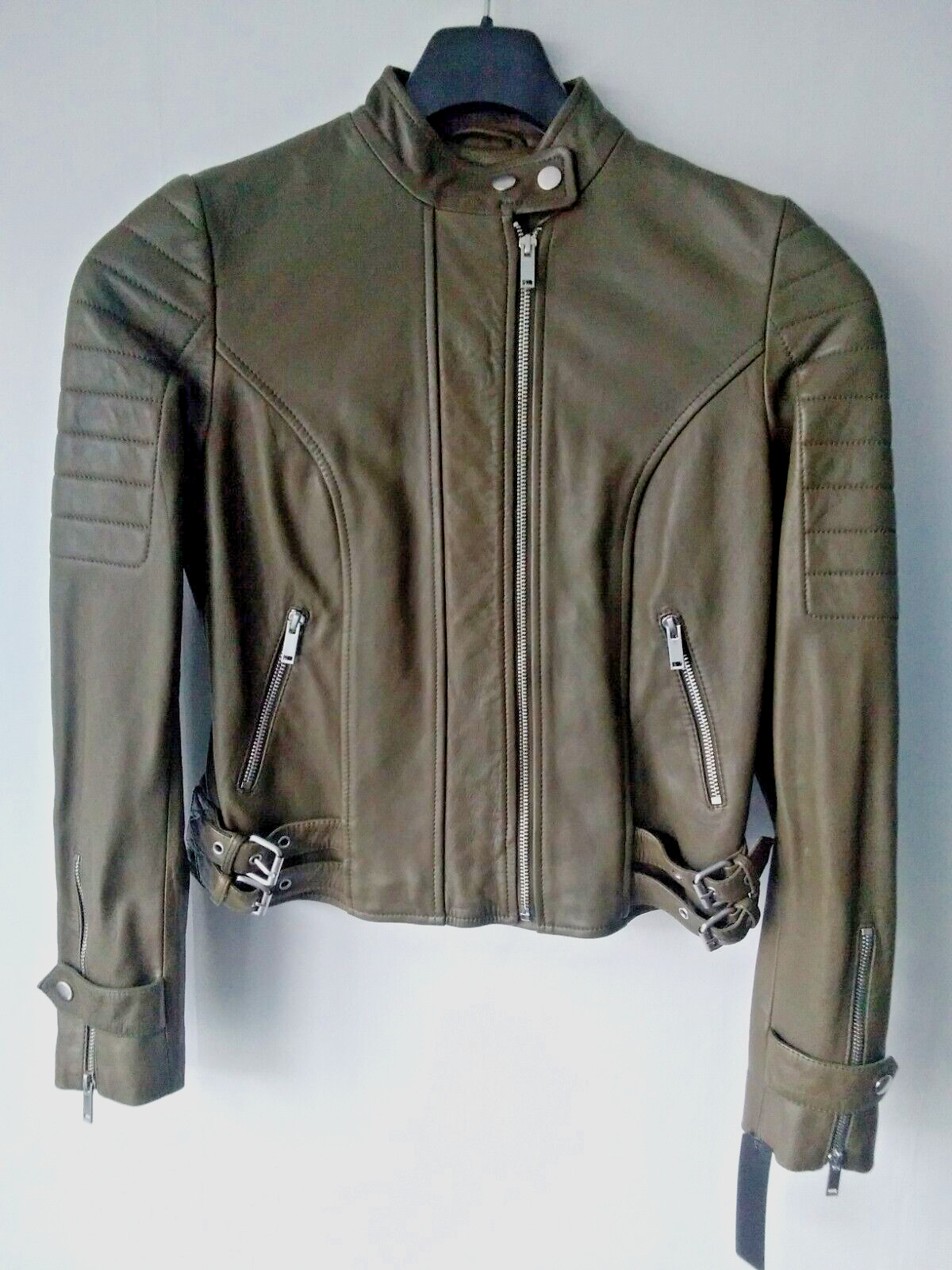 EX  M&S , Per Una Short ,Fitted Leather Biker Jacket in Dark Olive/ Khaki UK 8