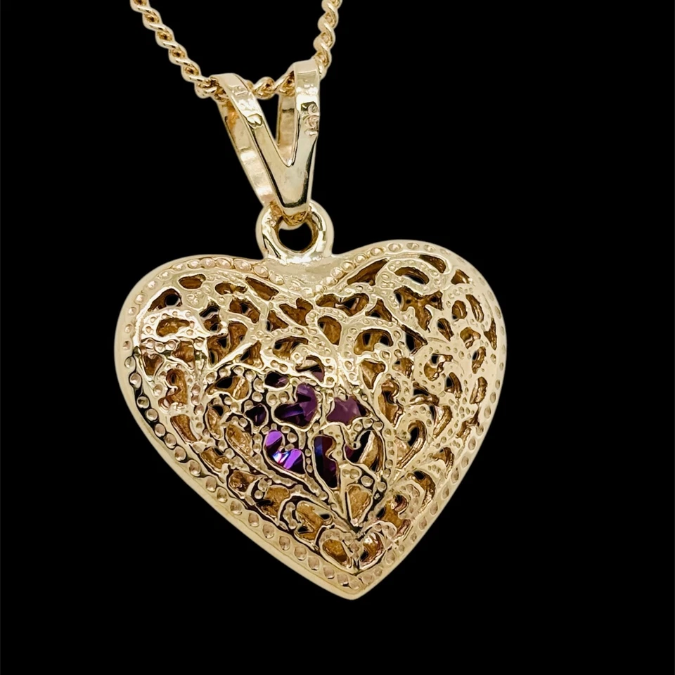 9ct Yellow Gold Synthetic Heart Amethyst Filigree Heart Pendant 5g Preloved - image 4 of 4
