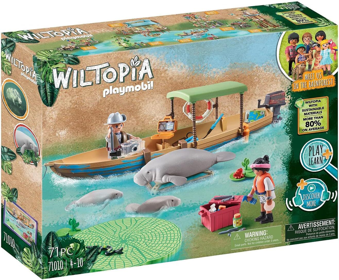 PLAYMOBIL Wiltopia 71010 - Поездка на лодке к ламантинам с игрушечными животными, Экологичная
