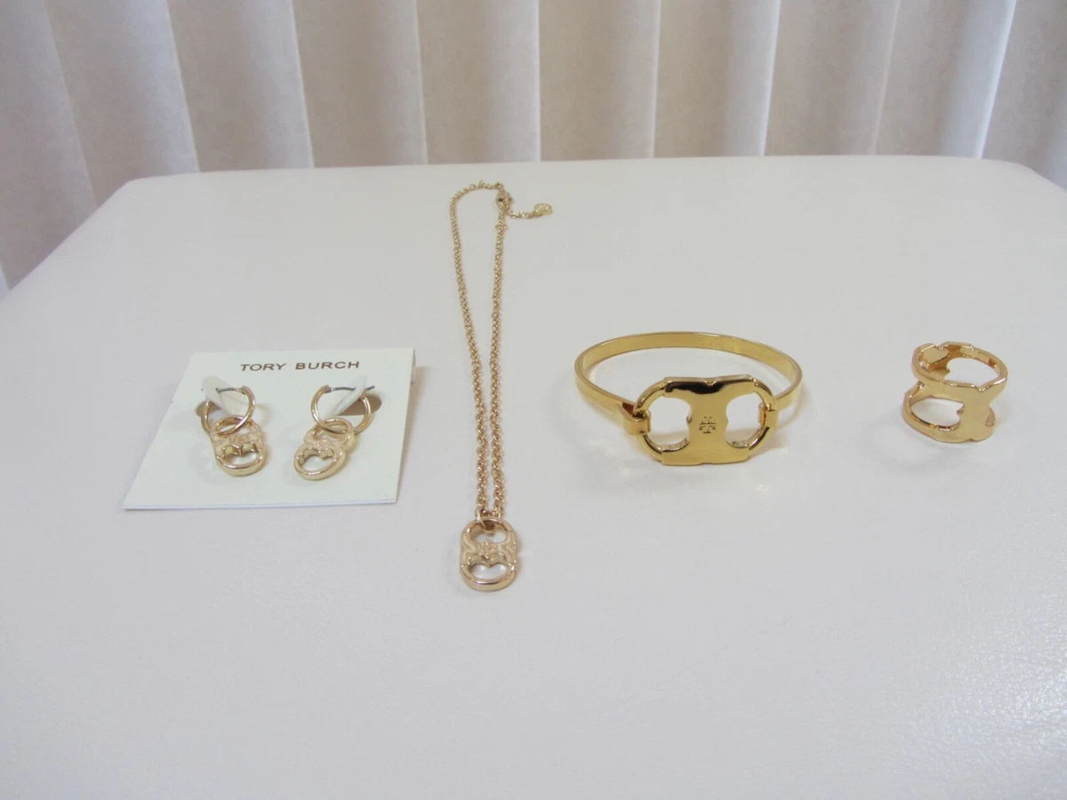 Tory Burch Gemini Link Gold Necklace Bracelet Earrings Ring Size 7