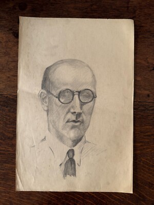 American Ashcan School Pencil Drawing Portrait On Paper 1930s Man Glasses