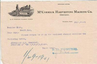 U.S. McCormick Harvesting Machine Co. 1901 Machine Illustrated Letter Ref 43414