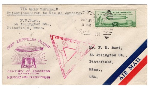 C18 Graf Zeppelin Flight FDC NY 1933 Flown to Rio de Janeiro Brazil