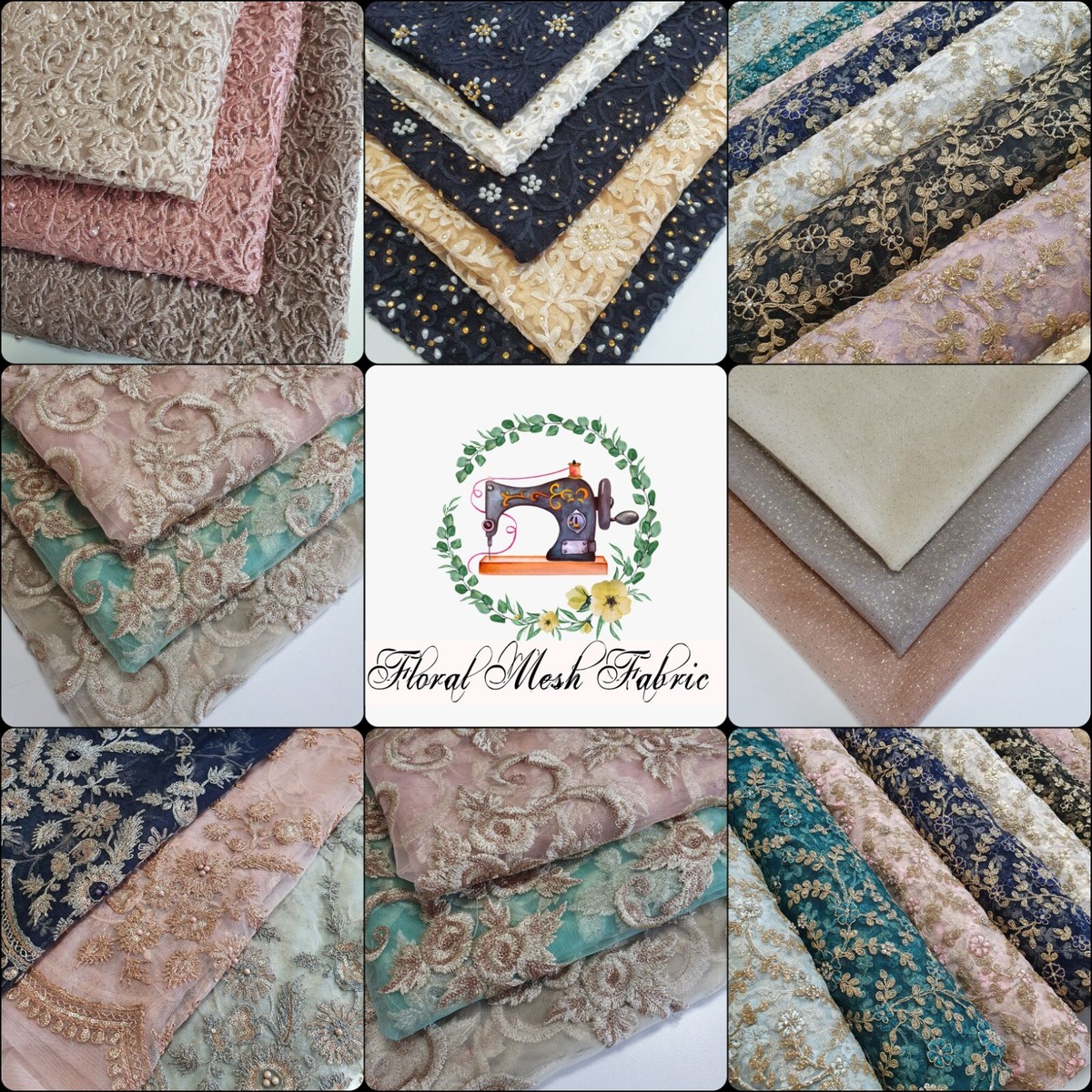 Pearl Embellished Mesh Net Material Glitter Floral Dress Costume Fabric 44