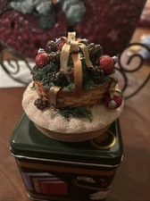 Our America Candle Topper Christmas Basket Evergreens Pinecones Red Bulbs W/ Tin