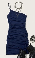 Cotton Candy LA Navy Ruched One Shoulder Mini Bodycon Dress S Mesh Asymmetrical