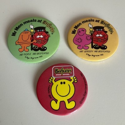 Mr Men Vintage Beefeater Restaurant Pin Anstecker x 3 Happy, Tickle, Greedy 38/45 mm