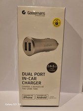 Goodmans Dual Port Car Charger 2.4+1 AMP Fast Charge iPhone Android USB Silver