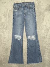 American Eagle Jeans Womens 4 Blue Super High Rise Baggy Wide Leg Distressed Hem