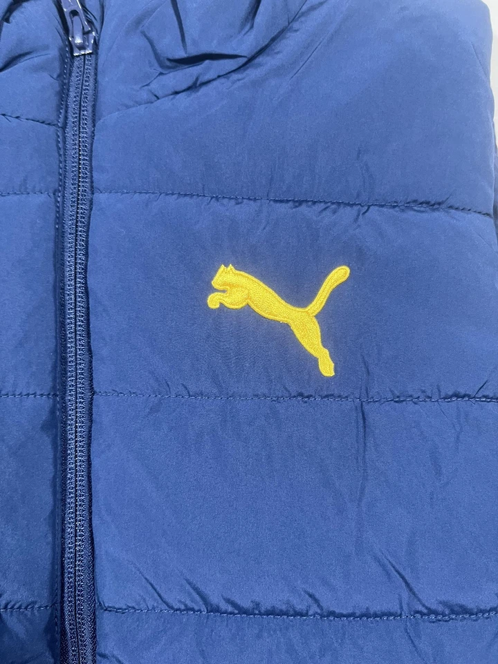 Chaleco Puma Puffer Juvenil Mediano 12 Azul Acolchado Cremallera Completa Ligero Amarillo Logo Foto 4 de 4