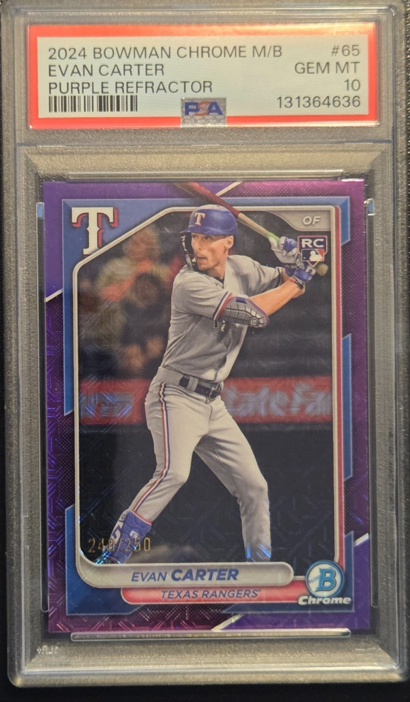 2024 Bowman Chrome Purple Mojo Refractor Rookie RC /250 PSA 10 #65 - Evan Carter