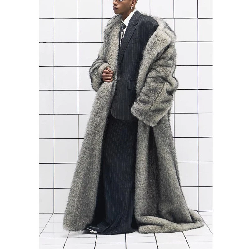 115-120cm Long Coat Mens Faux Fox Fur Lapel Collar Overcoat Winter Warm S-6XL Sz - Image 2 of 4