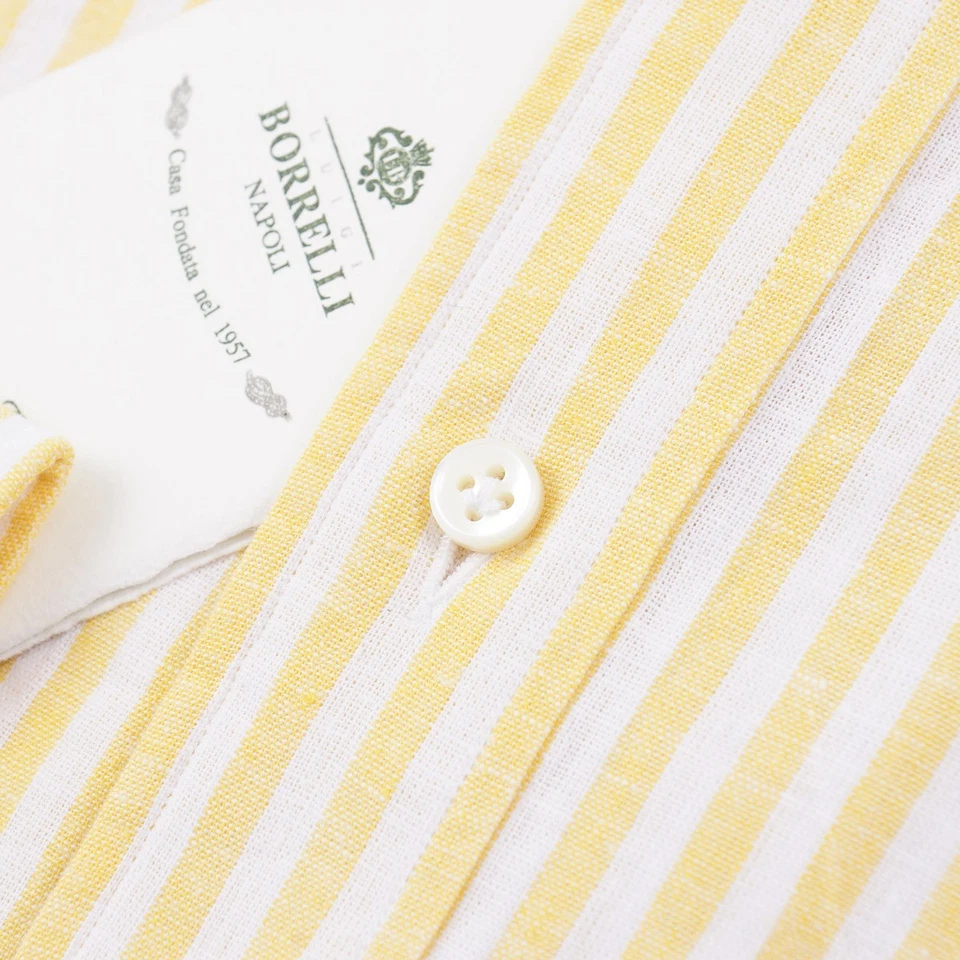 Camisa de vestir Luigi Borrelli ajustada amarilla a rayas lino-algodón 15,75 (UE 40) NUEVA CON ETIQUETAS Foto 3 de 4
