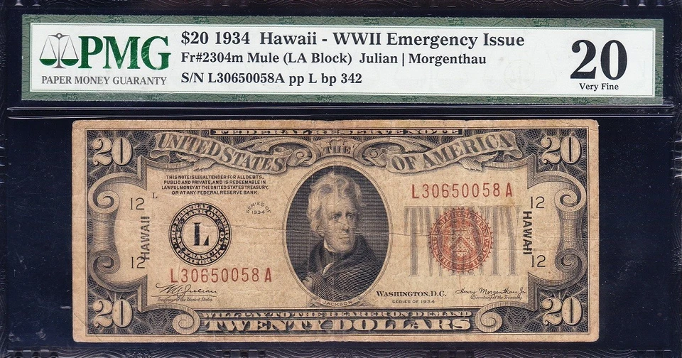 VERY NICE Bold & Crisp VF "Mule" 1934 A $20 HAWAII Federal Reserve Note! PMG 20! - Image 2 of 3