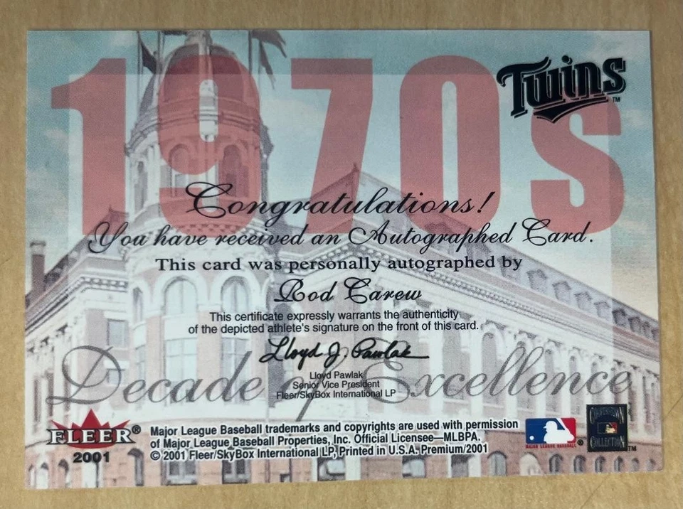 2001 Fleer Premium Rod Carew Auto /67 Decade of Excellence Autograph Twins HOF - Image 2 of 2