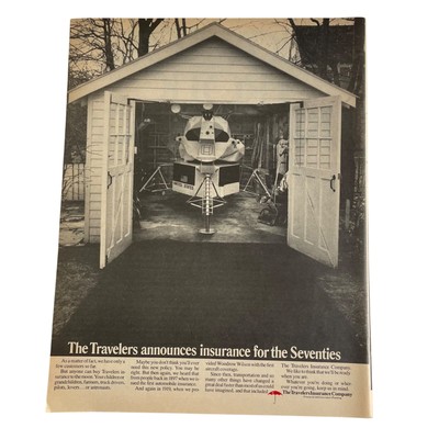 Travelers Insurance Vintage Print Ad 1970 Lunar Module Garage Illustration u