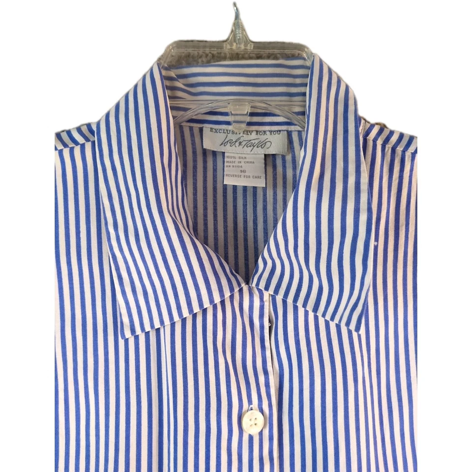 Винтажная шелковая блузка Lord & Taylor размер 16 без рукавов синяя белая полоса на пуговицах - Изображение 4 из 4