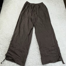 Flax Linen Pants Cinch Tie Legs Brown Relaxed Pull On Lagenlook Cottagecore S