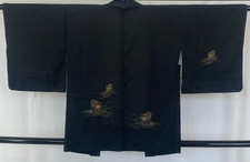 Japanese Vintage Kimono Haori Jacket Polyester Black Traditional Embroidery 32in