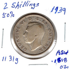 1939 Great Britain 2 Shillings 50% Silver Coin