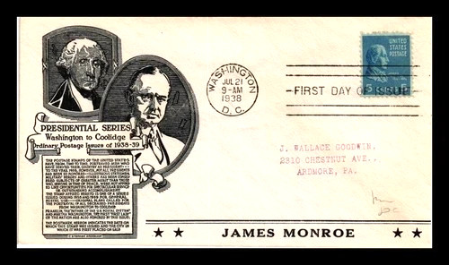 1938 5c PREXIE PRESIDENT JAMES MONROE -  ANDERSON CACHET  FDC