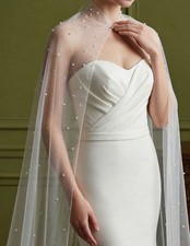 Ivory Tulle Net Cathedral Wedding Cape Veil with Pearl Beads