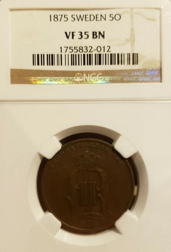 1875 5 Ore Sweden.  NGC VF 35. Rare Certified Key Date