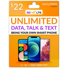 Speedtalk SIM Card Kit - Unlimited 5G 4G LTE Data Talk Text Phone Plan 30 Days