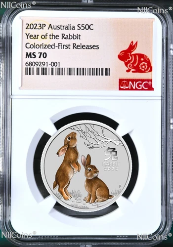 2023 Australia Colored Silver Lunar Year of Rabbit NGC MS 70 1/2 oz Bullion Coin