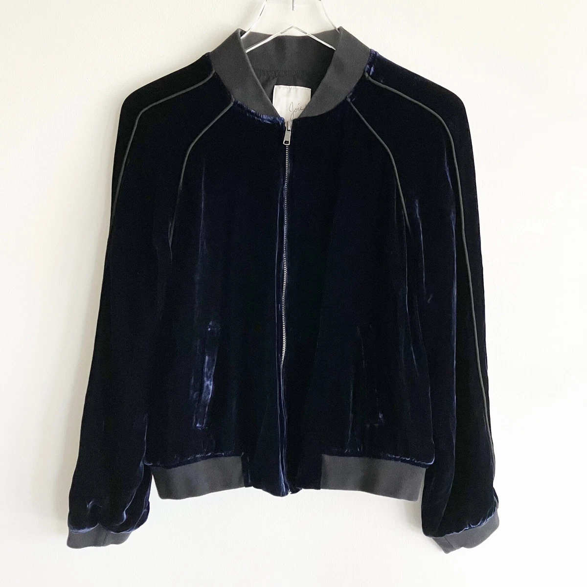 Joie Size Large Velvet Bomber Jacket Solid Navy Blue Pockets Dressy