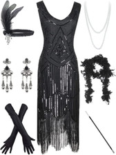 Women'S Vintage 1920S Sequin Beaded Tassels Hem Flapper Dress W/Accessories Set