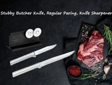 Rada 3 Pc Set Stubby Butcher, Regular Paring, & Knife Sharpener (Silver Handle)
