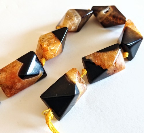(6) Pyramid Rectangle Polished Agate Beads Black Brown Orange Chunky 1" X 3/4"