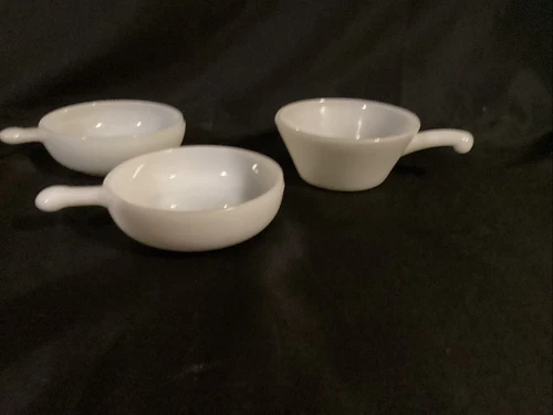 3 Vintage Glasbake Soup Chili Bowls with Handle White Milk Glass Mixed Sizes