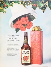 PRINT AD Four Roses Whiskey 1960 10.5x13 Christmas Gift Bell Holly Berries