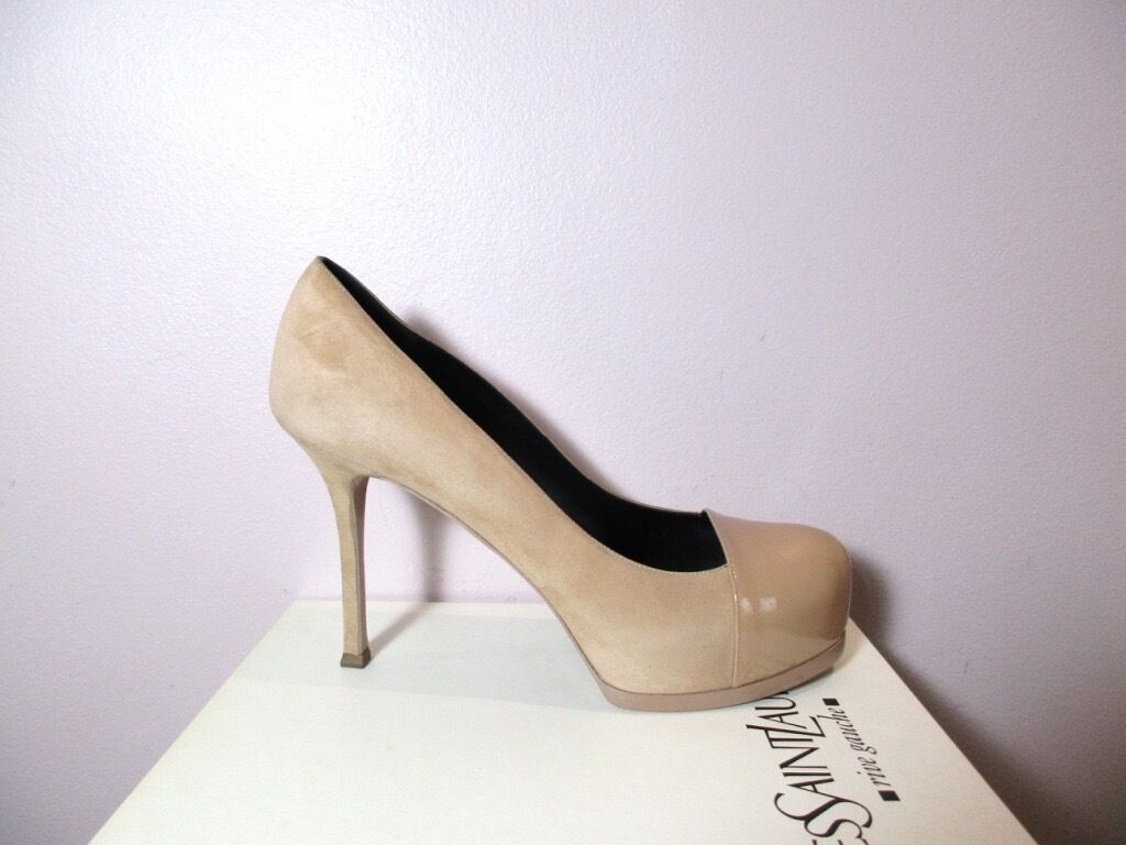 YSL Yves Saint Laurent Tribtoo 80 Chair Suede Patent Cap Toe YSL Yves Saint Laurent Tribtoo 80 Chair Suede Patent Cap Toe
