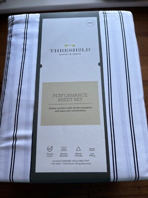 Threshold 400 Thread Count Performance Printed Sheet Set Blue Stripe King NEW