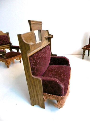 BEAUTIFUL ANTIQUE 4 PIECE BURGUNDY VELVET DOLLHOUSE FURNITURE - 19th century - Picture 3 of 17