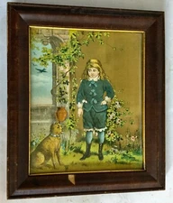 c1880 Victorian Scene Girl and  Dog Framed under Glass Signed TM - Maine Estate
