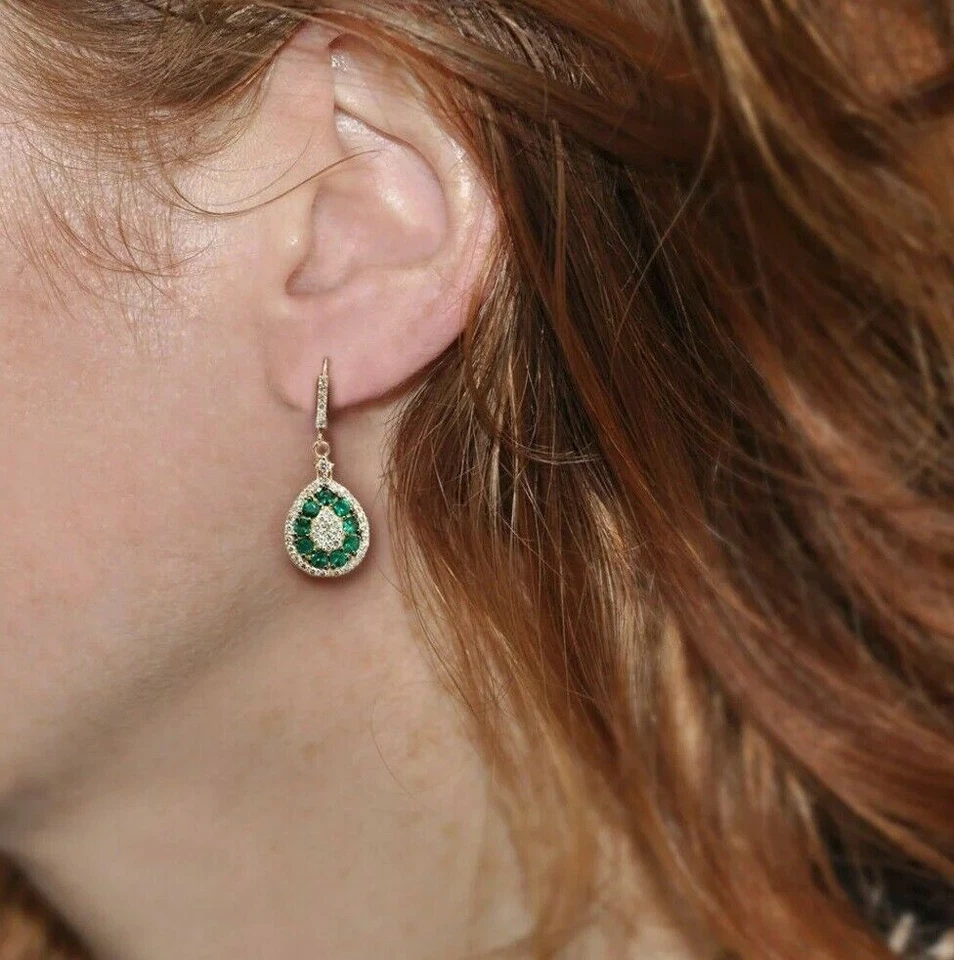 2Ct Lab Created Round Green Emerald Dangle Earrings Solid 14K Yellow Gold Plated - Image 3 of 4