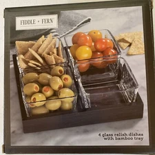 Fiddle & Fern NIB 4 Glass Relish Dish With Bamboo Tray
