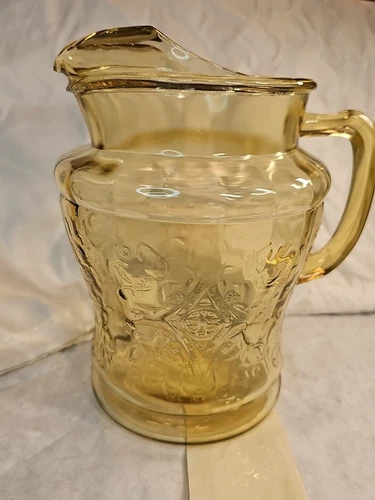 Vintage Federal Glass Madrid Amber 80oz Pitcher Ice Lip and Six 12oz Tumblers