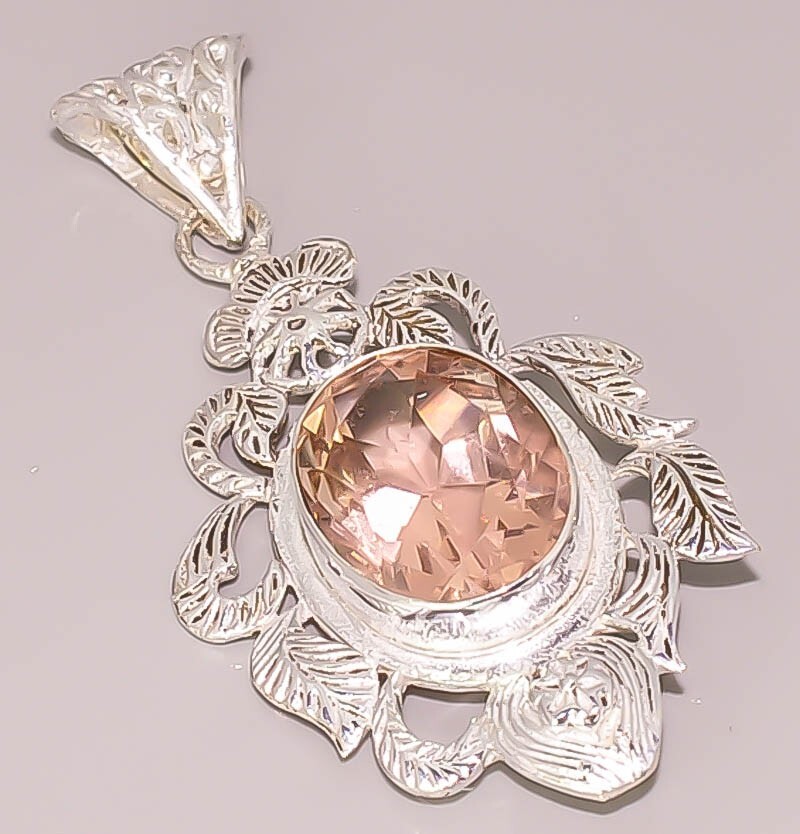 Pink Morganite Carved Leaf Designer 925 Sterling Silver Plated Boho Pendant