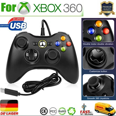 MARKENLOS USB Wired Controller Für Microsoft Xbox 360 PC Windows 11 10 8 7 Gamepad Schwarz