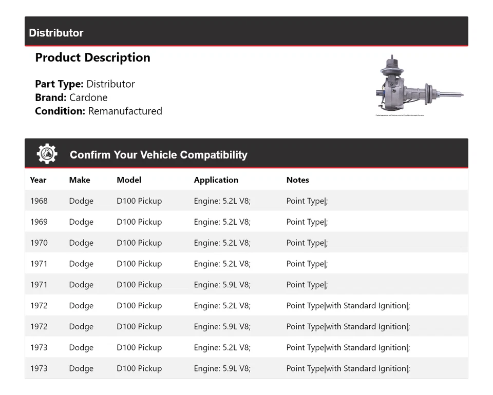 Para Dodge D100 1968-1973 camioneta distribuidor Cardone 1969 1970 1971 1972 Foto 2 de 4