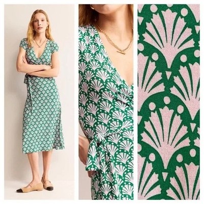 Boden Green Pink Shell Print Joanna Cap Sleeve Tie Wrap Midi Dress Size 14R